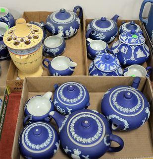 Three Tray Lots of Wedgwood, to include five Wedgwood Jasperware tea sets; two Queen Elizabeth 3 piece tea sets, three having classical figures, teapo