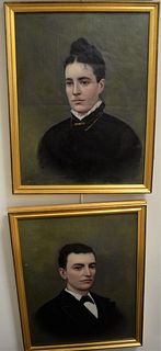 Pair of Portraits in Matching Frames, one of a young man, the other of a young woman, both dressed in black and white, oil on canvas, unsigned, 23 1/4