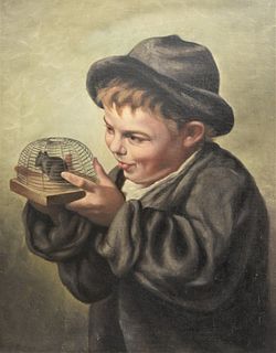 Hugo Possner (American, 1859 - 1933), boy with his pet mouse, oil on canvas, signed lower left "Hugo Possner", 18 3/4" x 15".