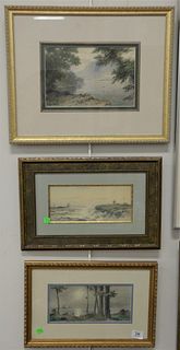 Three Charles Russell Loomis (American, 1857 - 1936), each watercolor on paper, depicting coastal scenes having sailboats and a lighthouse, each signe