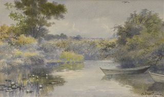 Two Charles Russell Loomis (American, 1857 - 1936), both watercolor on paper, one depicting a rowboat and lily pads, the other depicting a lighthouse,
