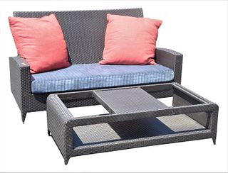 Two Piece Sifas Indoor/Outdoor Transatlantik Set, to include woven sofa and coffee table with custom cushions, along with custom outdoor covers, coffe