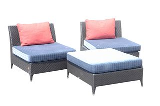 Three Piece Sifas Indoor/Outdoor Transatlantik Woven Group, to include a pair of Chauffeuse chairs, along with an ottoman, with custom cushions, heigh