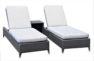 Three Piece Sifas Indoor/Outdoor Transatlantik Group, pair of woven loungers or chaises with high central side stand and cushions with side adjustment