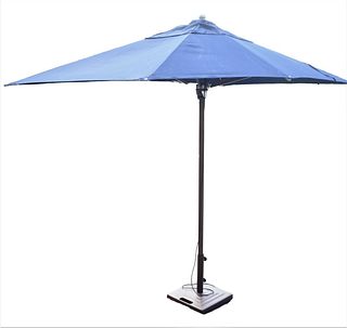 Large Rectangle Umbrella with stand, navy blue fabric possibly Sunbrella 70" x 120".