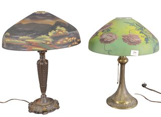 Two Reverse Painted Table Lamps, one having a green shade with pink flowers and two lights, the other having a mountainous landscape and one light, bo