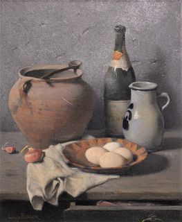 Louis Roger (French, 1873 - 1953), still life with eggs and champagne, oil on canvas, signed lower left "Louis Roger", 16" x 13".
