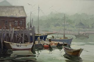 Paul Strisik (American, 1918 - 1998), dock with seagulls circling, oil on canvas, signed lower left "P. Strisik", 20" x 30".