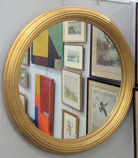 Large Round Contemporary Mirror, having gold frame, overall diameter 43 1/2 inches.