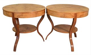 Pair of Contemporary Burlwood Side Tables, height 29 inches, diameter 32 inches.