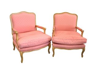 Pair of French Style Fauteuils, armchairs with pink upholstery, seat height 16 inches.