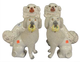 Two Pairs of Staffordshire Dogs, to include a pair of seated poodles having yellow flower baskets, marked to the underside; along with a pair of white