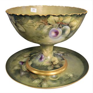 Large Belleek Porcelain Punch Bowl, having plum motif decoration, with fitted stand and under tray, diameter 15 1/4 inches.