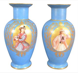 Pair of Paris Porcelain Vases, both having oval female portraits, both drilled, height 16 inches.