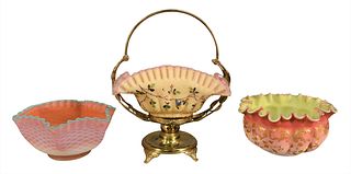 Group of Three Satin Glass Brides Bowls, two having enameled details to the exterior, the other in diamond quilt pattern, one with brass holder, diame