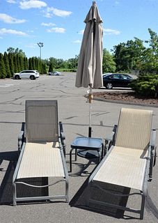 Five Piece Outdoor Set, to include a pair of chaises, a side table along with two umbrella bases.