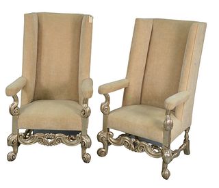 Pair of Upholstered Open Armchairs, with silvered frames, slight imperfections to top of one chair, height 51 inches, seat height 16 inches, width 29 