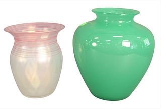 Two Steuben Art Glass Vases, to include green jade glass vase, along with a vase with flared rim and pink threading, both unmarked, heights 6 1/2 and 