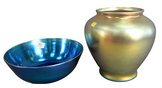 Two Steuben Art Glass Pieces, to include blue iridescent Steuben aurene glass bowl, having footed base, along with gold iridescent vase marked Aurene,