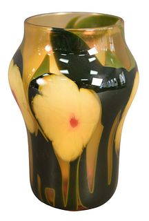 Charles Lotton Art Glass Vase, having yellow and red flowers, signed and dated to the underside "Charles Lotton, 1974", height 8 1/2 inches, diameter 
