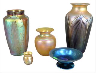 Five Piece Art Glass Lot, to include a Tiffany & Company favrille toothpick holder marked "Lot 105" to the underside; an Orient & Flume iridescent gla