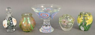 Five Piece Group of Murano Glass, to include a Lundberg Studios paperweight vase signed on the underside; a Charles Lotton "Multiflora" decanter, sign