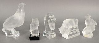 Group of Five Lalique and Steuben Paperweights, to include a crystal horse head marked Steuben to the underside, along with a Lalique bison, owl, pige