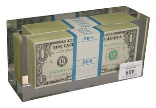 Contemporary paperweight having five Stacks of One Dollar Bills in Acrylic, 1969 C series, this appears to be a $500 in one dollar bills, 'no guarante
