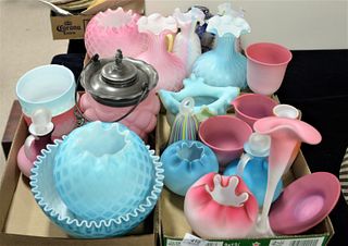 Three Box Lots of Satin Glass, to include a Burmese cup and creamer, a pink saucer, two decanters, a pink candle stick, a quilt pattern, pink biscuit 