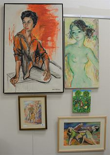 Five Piece Lot, to include a large female portrait, oil on canvas, signed lower right "Rene Cazassus"; unframed female nude, acrylic on canvas, signed