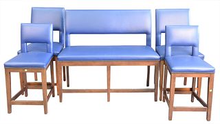Robert Allen Furniture Five Piece Lot, to include a bench, two low back, along with two high back blue leather seats, seat heights 23 1/2 inches, leng
