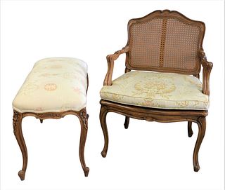 Two Piece Lot, to include Louis XV style caned chair and Louis XV style bench, each with custom silk upholstery, seat height 16 inches.
