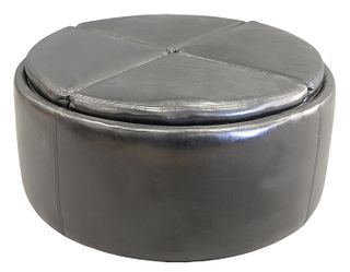 Leather Ottoman, having built in snack tray and storage in base, height 16 inches, diameter 3 inches.
