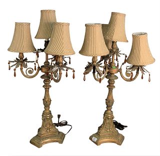 Pair of Four Light Candelabra Table Lamps, having scrolling arms, overall height 32 1/2 inches.