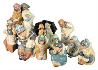 Ten Piece Group of Porcelain Lladro Figures, to include six inuit children, two girls with geese, one figure with an umbrella, each marked; along with