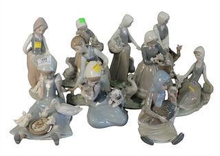 Ten Piece Group of Lladro Porcelain Figures, to include girls holding ducks, puppies, and a turkey; each marked to the underside, some having minor br