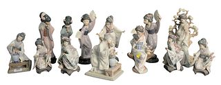 Group of Thirteen Asian Lladro Porcelain Figures, to include Geisha girls with flowers, heights 11 1/4 inches.