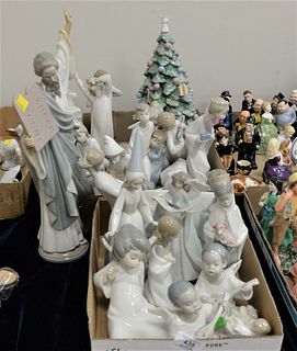 Two Tray Lots of Lladro Porcelain Figures, to include a large figure of Christ, a Christmas tree, several religious figures, align with a fairy godmot