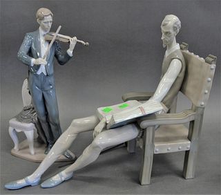 Two Large Lladro Porcelain Figures, to include Don Quixote with a sword, along with a violin player, both marked to the underside, height 16 1/2 inche