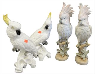 Two Pairs of Porcelain Cockatoo Figurines, to include a pair modeled after J. T. Jones, along with a pair of Royal Dux cockatoos, all marked to the un