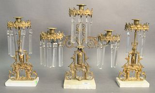 Three Piece Figural Girandole Set, to include a pair of candlesticks, along with three-armed candelabra, each mounted on marble base, height of talles