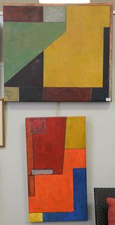 Two Piece Lot, to include "Indian Summer" and "Secret Window", geometric abstractions, oil and encaustic on canvas, each signed indistinctly and title