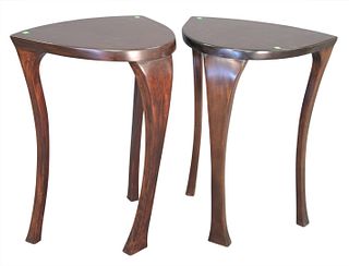 Pair of Custom Mahogany Side Tables, raised on three legs each, height 30 1/2 inches, top 20" x 24 1/2".
