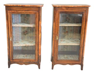 Pair of Continental Diminutive Walnut Curio Cabinets, having cloth lined interior, probably 19th century, height 27 1/2 inches, top 8 3/4" x 14 1/2".