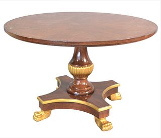 William Switzer Contemporary Round Mahogany Center Table, having gilt trim and paw feet, height 29 inches, diameter 48 inches.