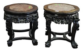 Pair of Carved Chinese Round Side Tables, having rouge marble tops, raised on legs ending in ball and claw feet, 19th - 20th century, height 18 inches
