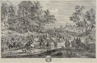 After Adam Frans van der Meulen (Flemish, 1632 - 1690), "La reine allant a Fontainebleau accompagnee de ses gardes", copper plate engraving on paper, 