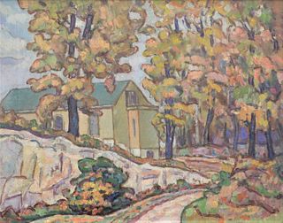 Joseph Grossman (American/Latvian, 1889 - 1979), Barn in the Autumn Landscape, oil on canvas, signed lower right "J. Grossman", 16" x 20".
