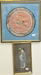 Four Piece Chinese Group, to include a framed embroidered badge; along with three framed pieces having Taoist figures on padded and painted silk with 