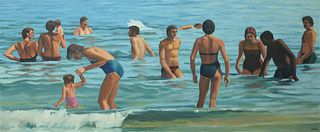 Alan Falk (American, b. 1945), Beach Scene, oil on canvas, signed lower right "A. Falk", 15" x 36 1/4".